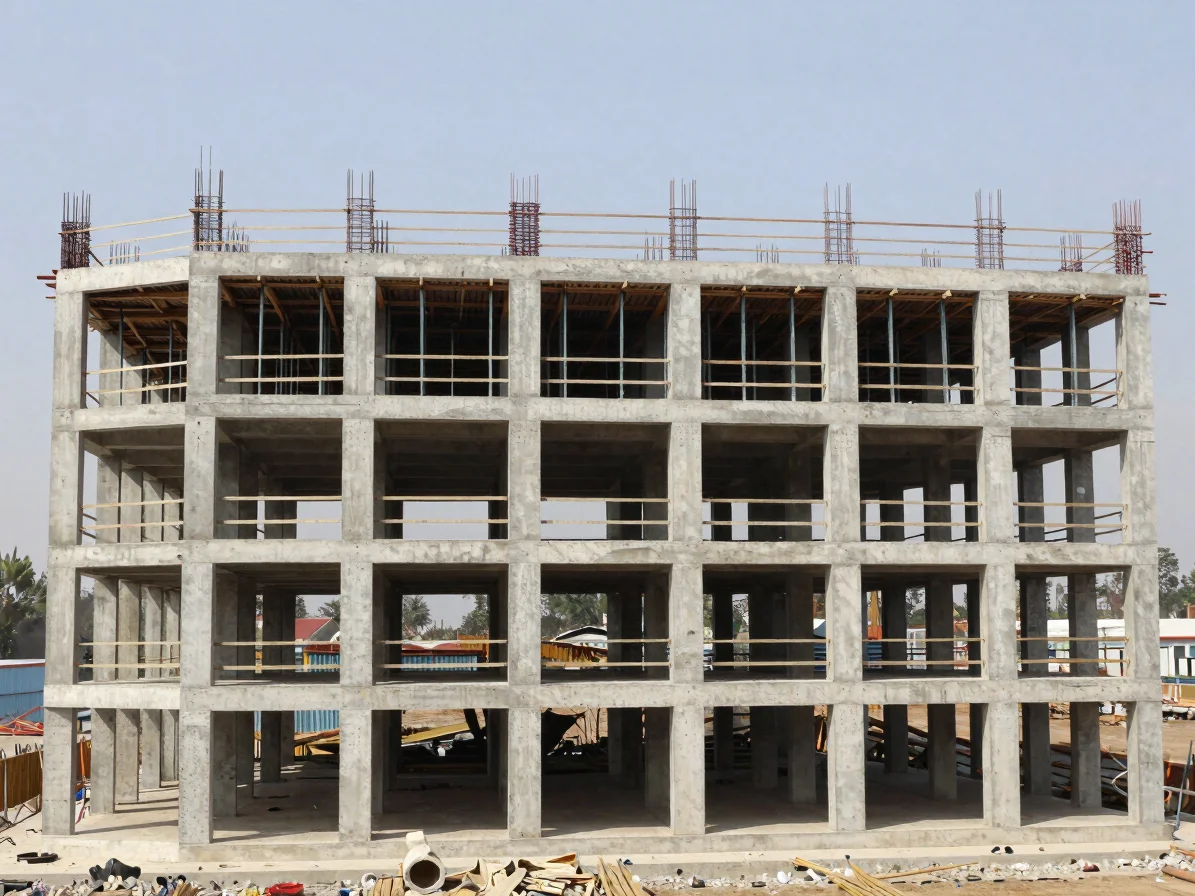 Natural daylight on a multi-storey concrete frame under construction, wide-angle view showing the site layout, neutral c