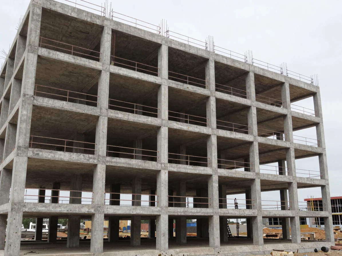 Wide-angle architectural construction photograph of a multi-storey concrete frame under natural daylight, neutral concre