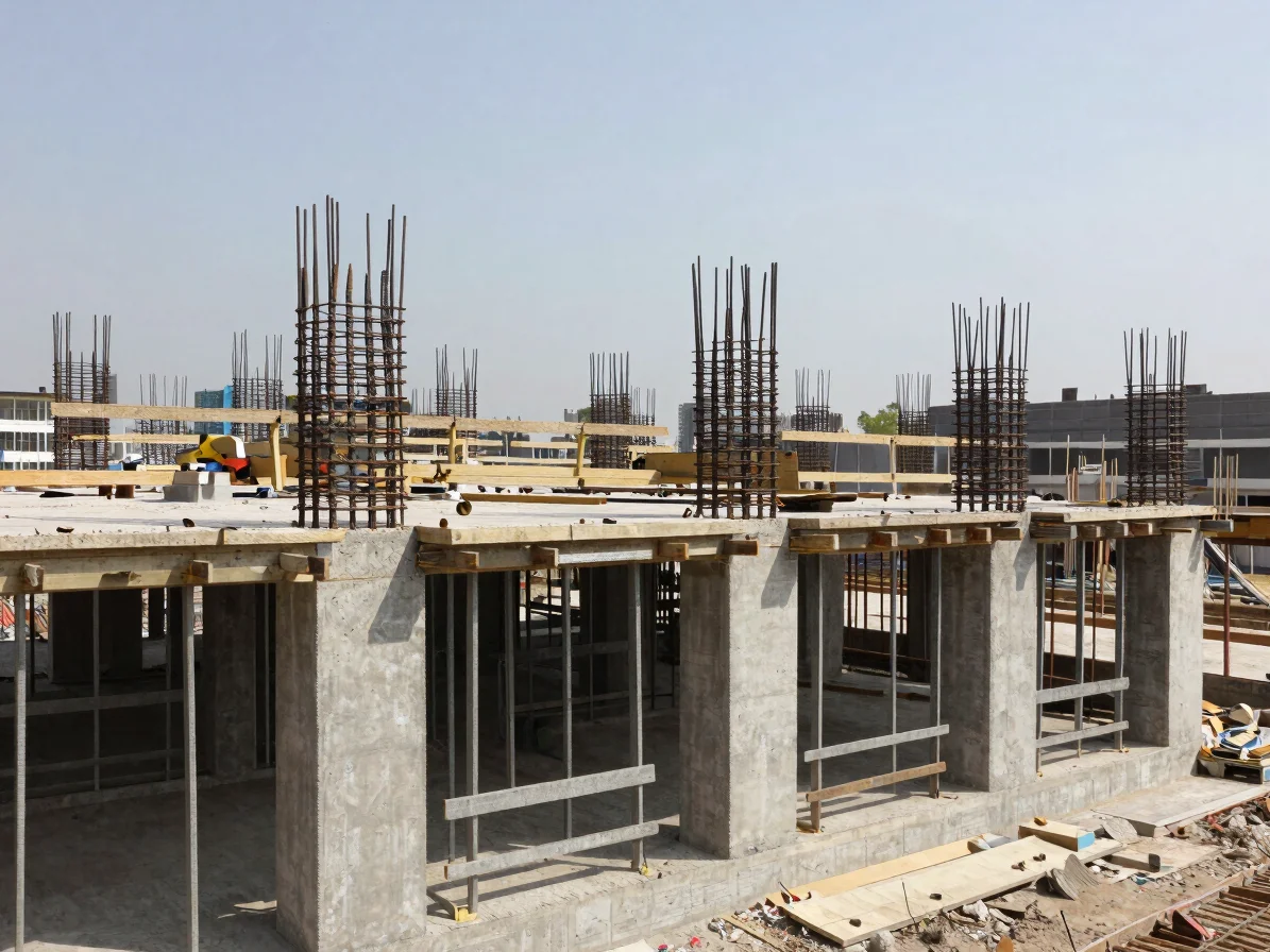 Close detail of structural steel reinforcement and formwork on an active building site, natural daylight with realistic