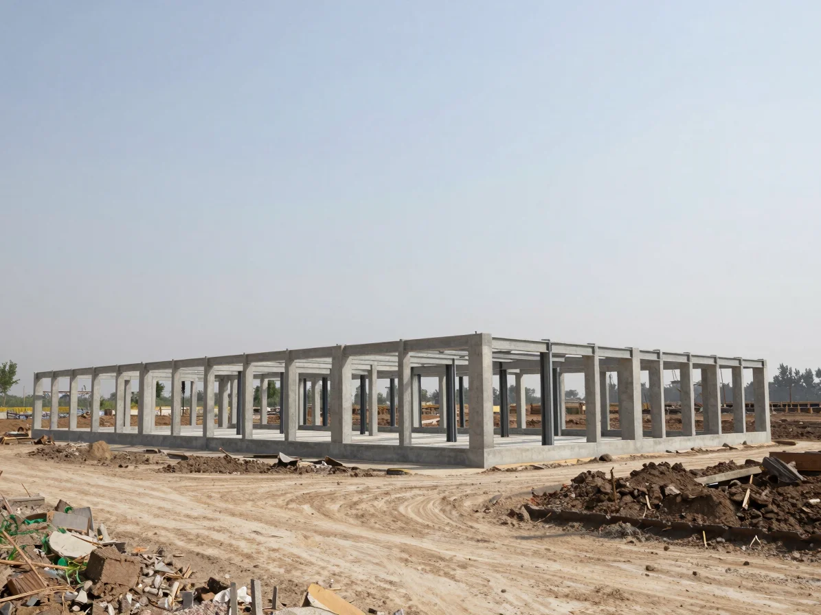Wide view of a completed low-rise building frame on a development site, neutral concrete and steel tones, natural daylig