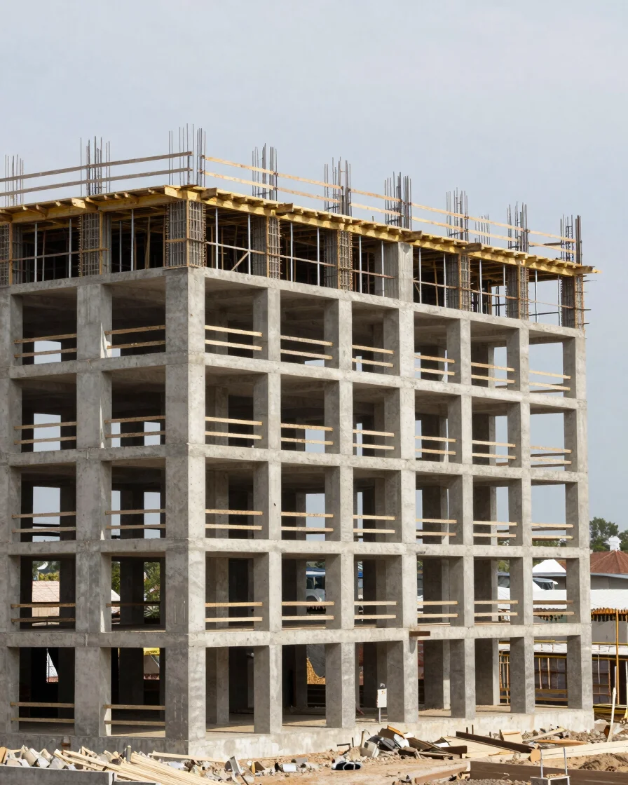 Architectural construction photography of a multi-storey concrete and steel building under natural daylight, wide-angle