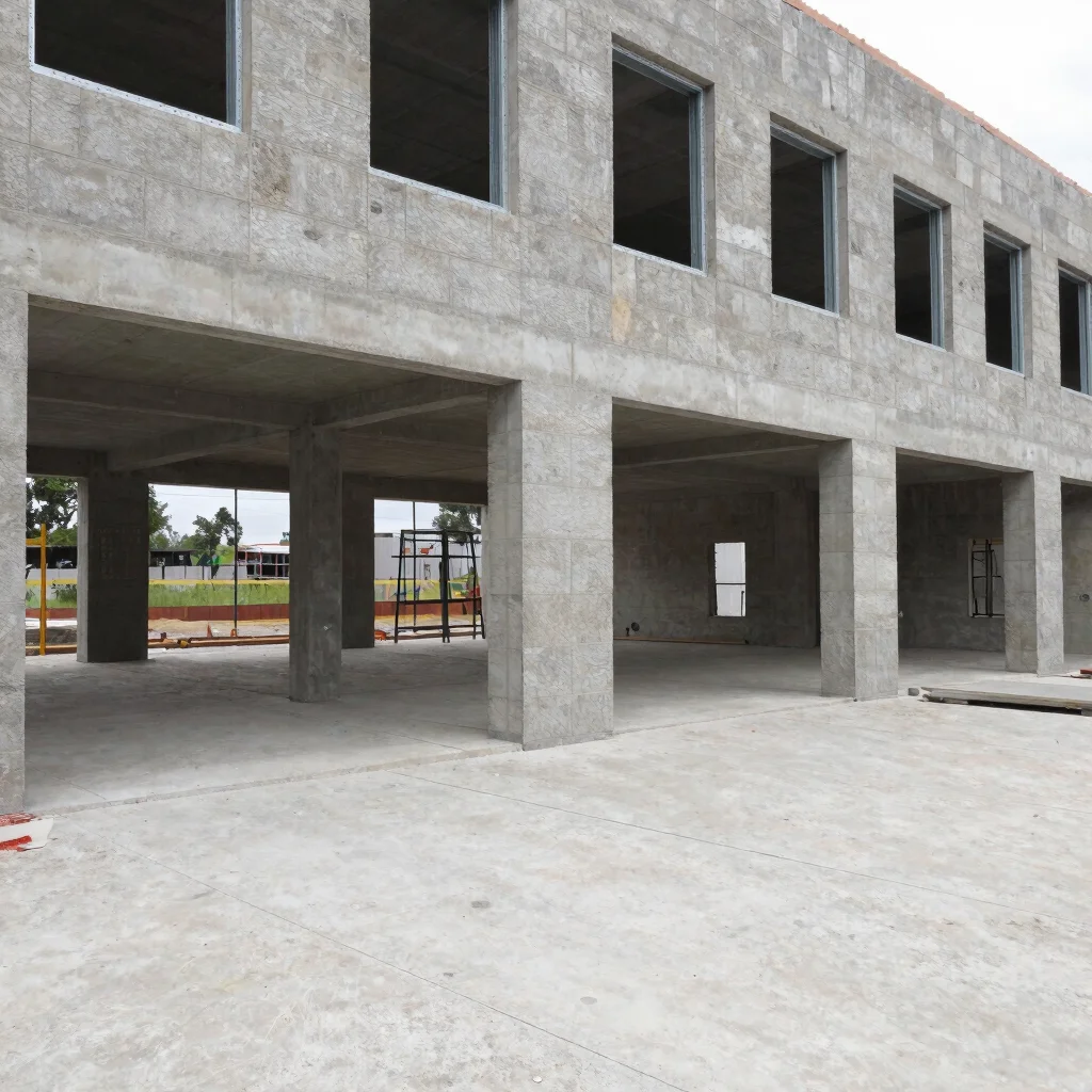 Wide view of a completed commercial shell with masonry walls and steel window openings, natural daylight, neutral tones,