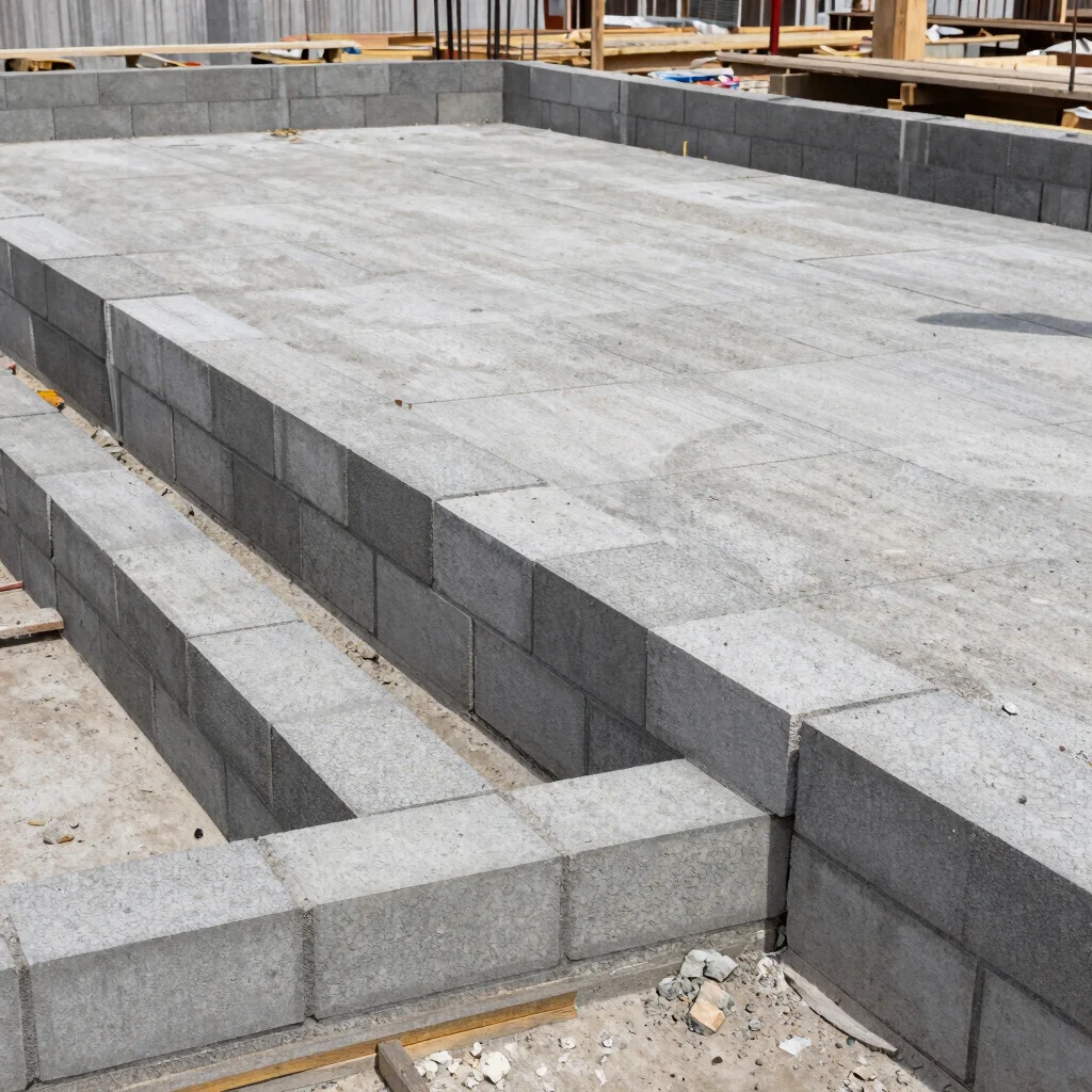 Close detail of brick and block masonry courses being laid on a construction site, natural daylight, realistic shadows