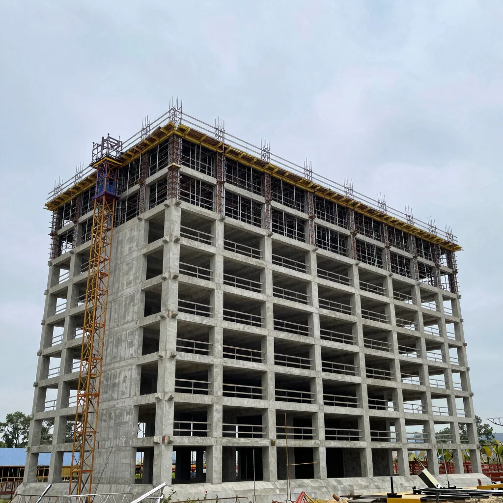 Wide-angle view of a standalone building under construction with scaffolding and structural steel, overcast natural dayl