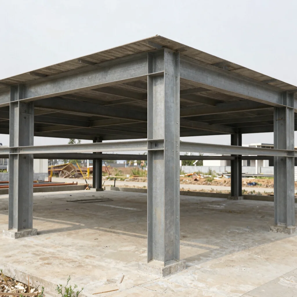 Close detail of steel structural connections and welded joints on a building frame, natural daylight, neutral steel tone