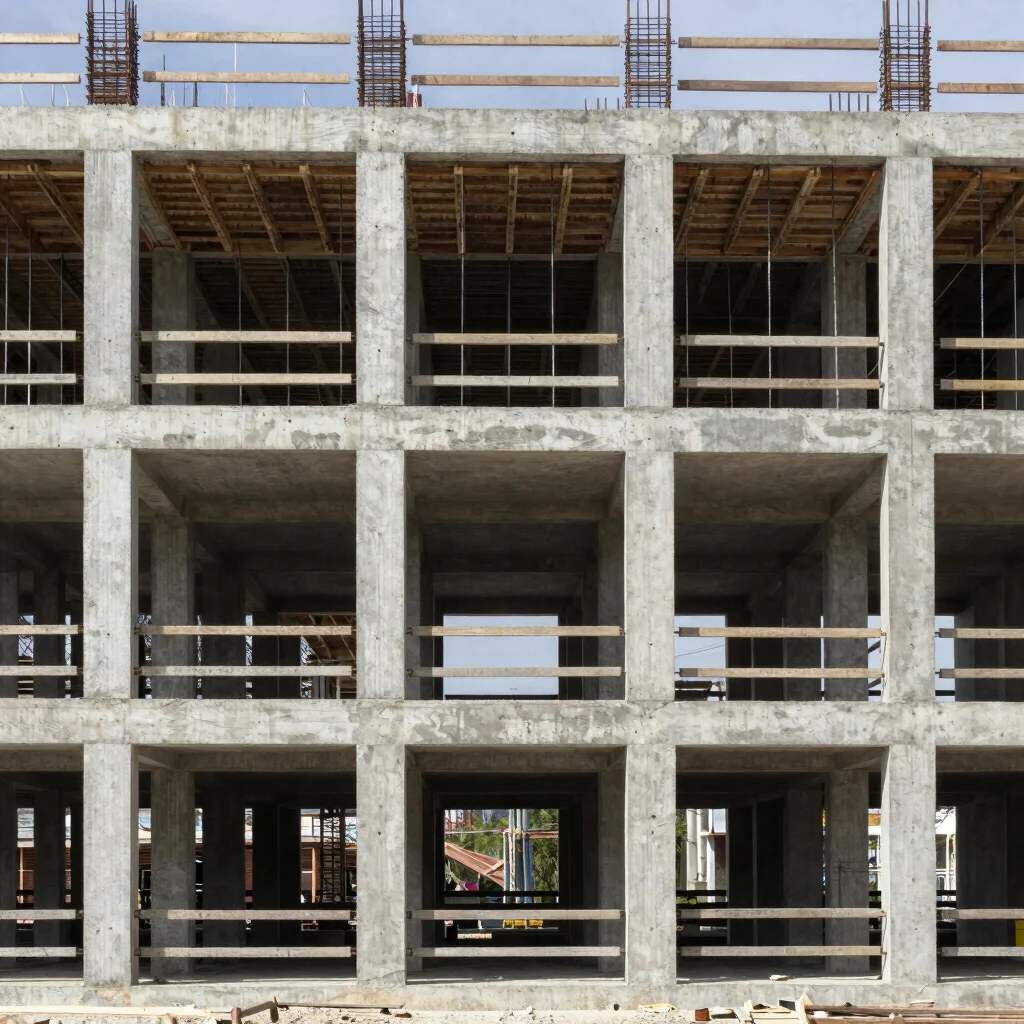 Wide-angle architectural construction photograph of a multi-story reinforced concrete frame under natural daylight, neut